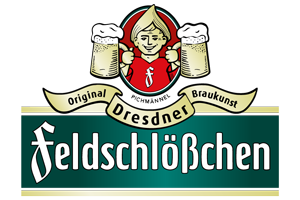 Logo von Feldschlößchen mit einem charakteristischen Biertrinker und zwei Bierkrügen in den Händen.