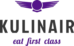 Kulinair Logo mit lila Flügeln und dem Schriftzug 'eat first class' in schwarzer und lila Schrift.